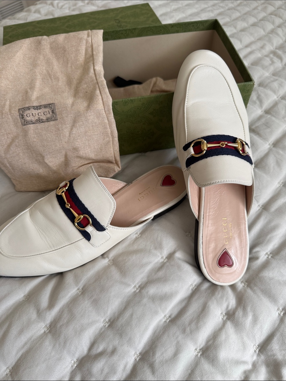 Gucci White Leather Horsebit Web Slip-On Mules
